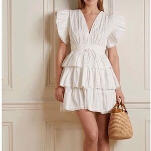 $430 Ulla Johnson Camila White Cotton Ruffle Poplin Mini Dress Sz 14/XL Coastal